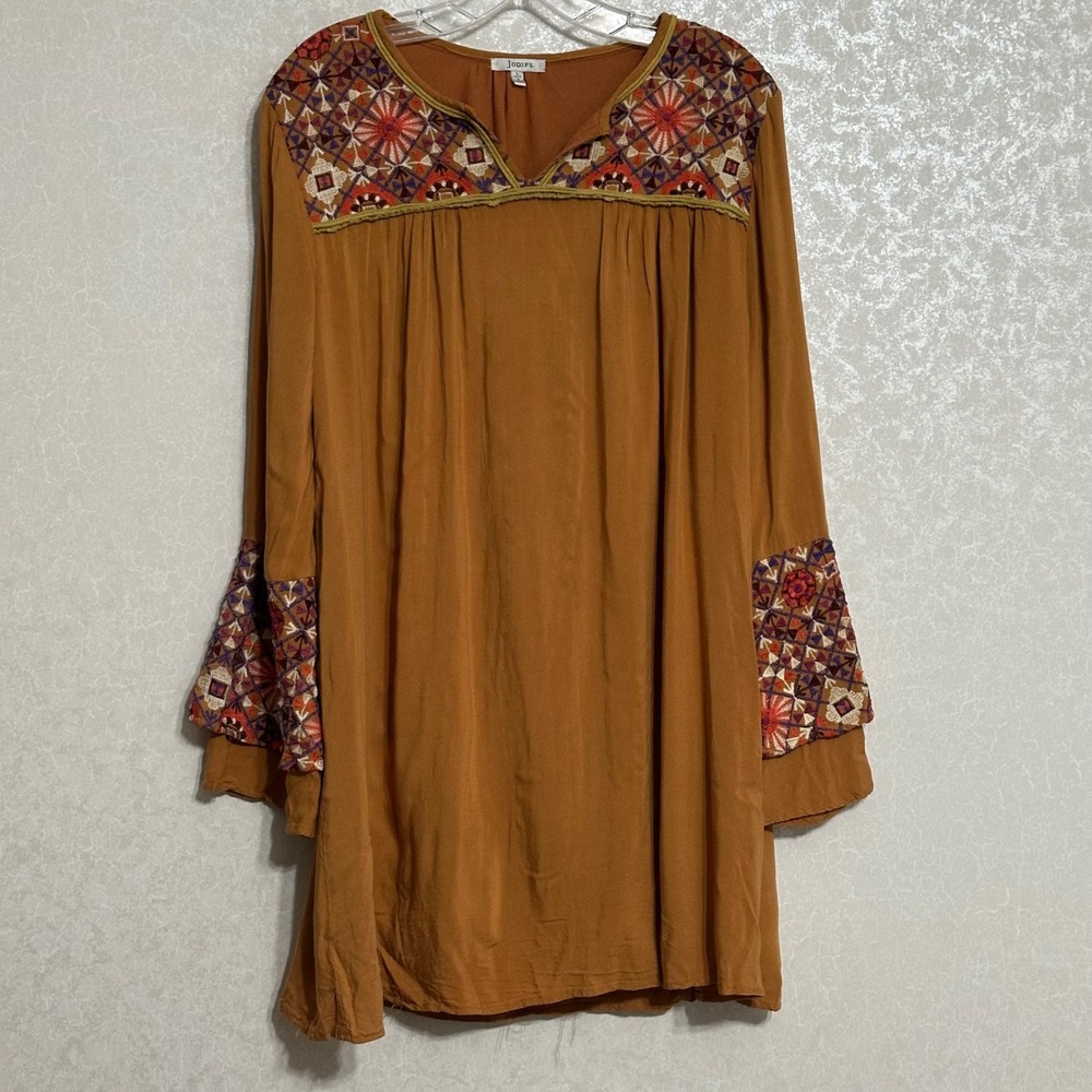Jodifl Tunic‎ Top Rust Orange Embroidered Bell Sleeve Retro Boho Peasant L
